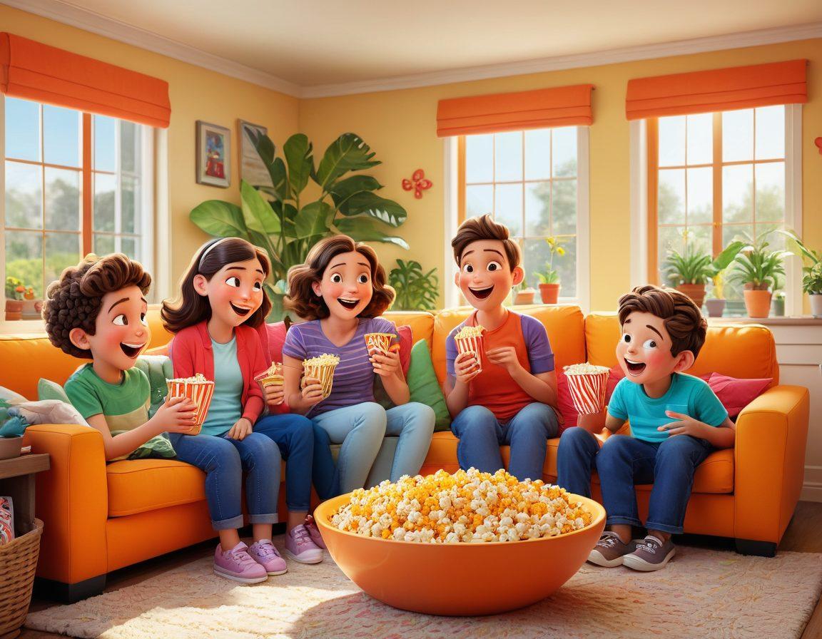 A vibrant family living room scene with a big screen TV displaying colorful animated characters, surrounded by a joyful family of diverse ages and backgrounds, enjoying popcorn and laughter. Soft cushions and playful decorations enhance the cheerful ambiance. Sunlight filters through window plants, casting a warm glow on the happy faces. cartoon style. bright colors. playful atmosphere.