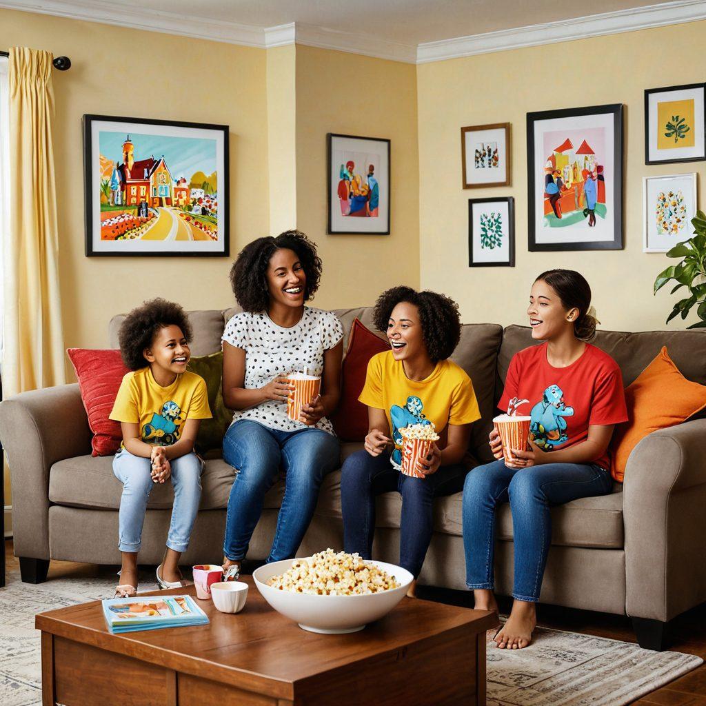 A colorful living room filled with family members of diverse backgrounds watching a lively TV show together, laughter and joy on their faces. The room is decorated with fun cushions and family pictures, and a bowl of popcorn sits on the coffee table. The TV screen displays animated characters full of vibrant energy. The atmosphere radiates warmth and togetherness. cartoon style. vibrant colors. cozy setting.