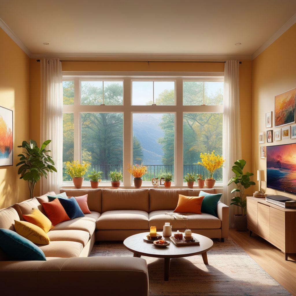 A cozy living room scene with a large screen displaying colorful streaming content, surrounded by happy viewers of diverse backgrounds enjoying the show. Soft pillows and a warm ambiance create a joyful atmosphere, enhanced by snacks and drinks on a coffee table. Bright light streaming in through a window, symbolizing happiness and engagement. vibrant colors. super-realistic. inviting atmosphere.